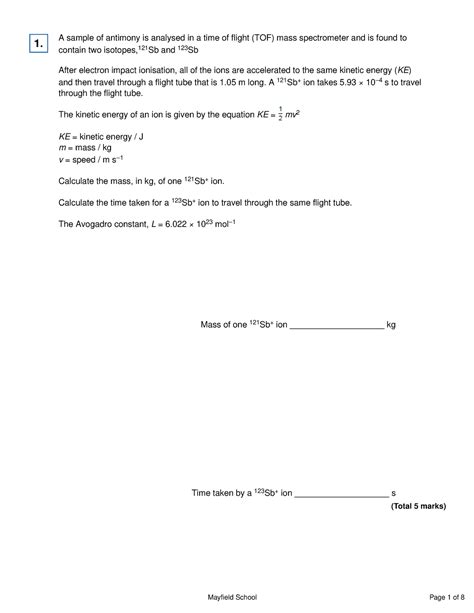 12a Revision EQ Questions A Sample Of Antimony Is Analysed In A