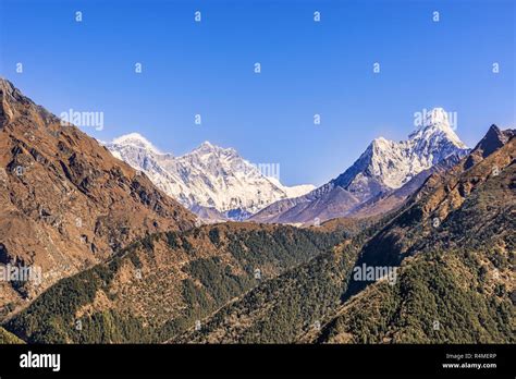 Blick Auf Mt Everest Lhotse Nuptse Und Ama Dablam Von Tengboche Auf