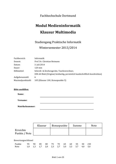 Klausur Wintersemester 2013 2014 Fragen Fachhochschule Dortmund