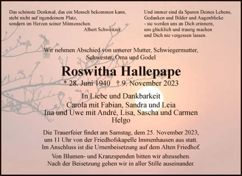 Traueranzeigen Von Roswitha Hallepape Trauer Hna De