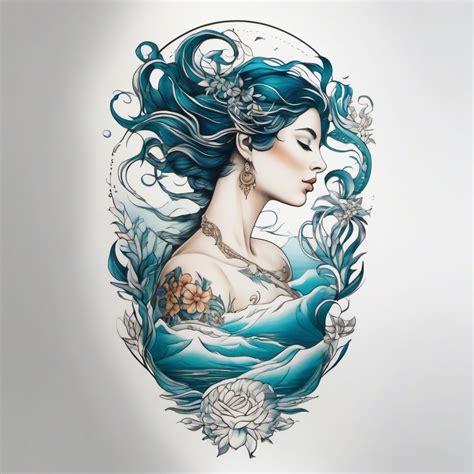 Sea Goddess Aphrodite Tattoo. Ocean's Embrace. Color