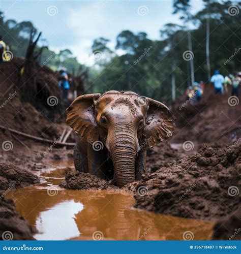 African Elephant Walking through a Shallow Muddy Pool, AI-generated