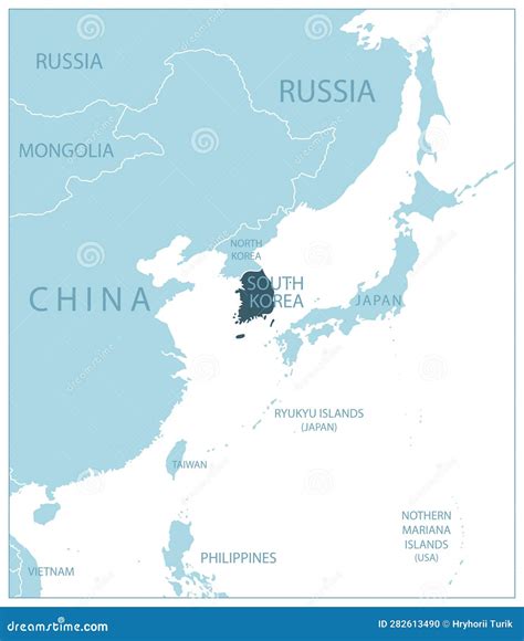 South Korea Blue Map With Neighboring Countries And Names Stock