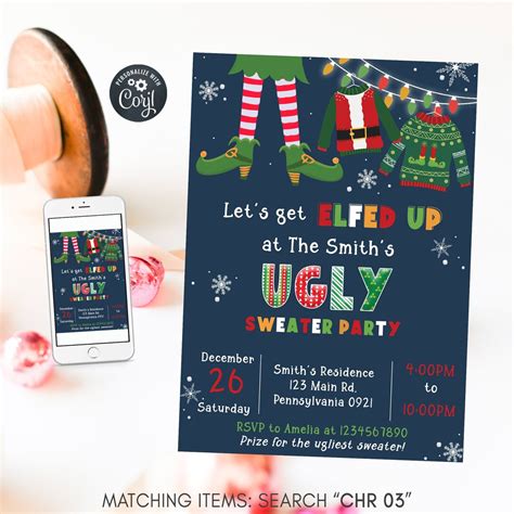 Editable Ugly Sweater Party Invitation Lets Get Elfed Etsy