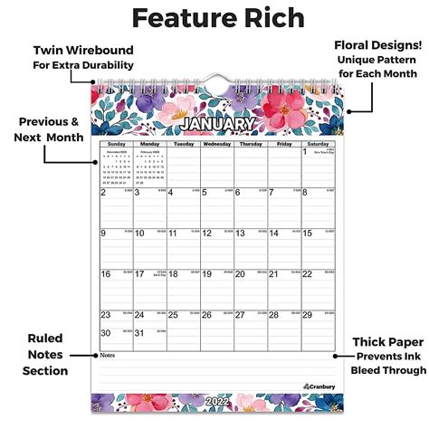 Cranbury Vertical 2022 Wall Calendar Floral 85x11 Use To December