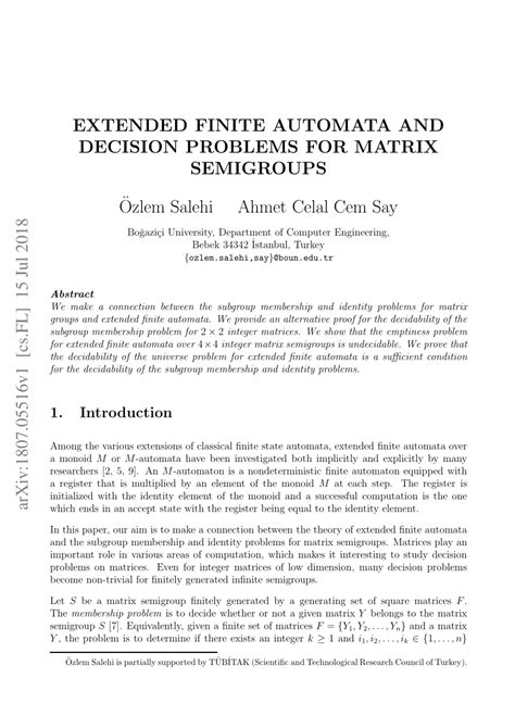 Pdf Extended Finite Automata And Decision Problems For Matrix Semigroups