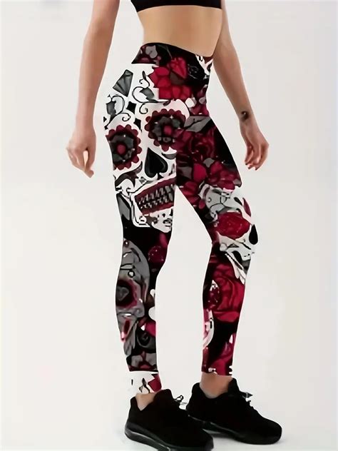 Skull Flower Print Skinny Leggings Plus Size Casual Stretchy Temu