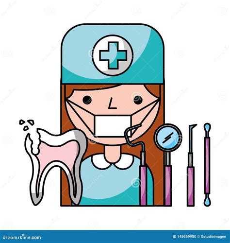 Dentist Woman Broken Tooth Tools Hygiene Dental Stock Illustration