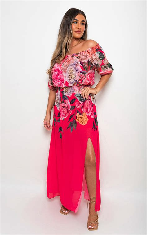 Megan Floral Off Shoulder Maxi Dress With Side Slit Detail In Pink Ikrush