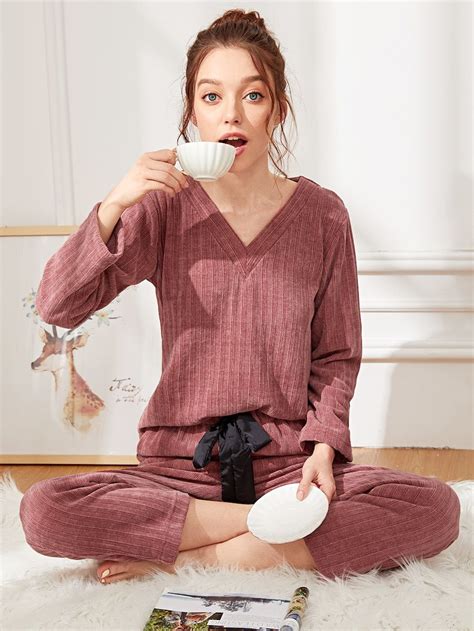 V Neck Ribbed Pajama Set Pajamas Women Pajama Set Women Pajama Set