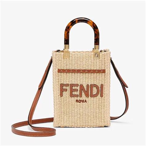 Fendi Women Mini Sunshine Shopper Natural Straw Mini Bag