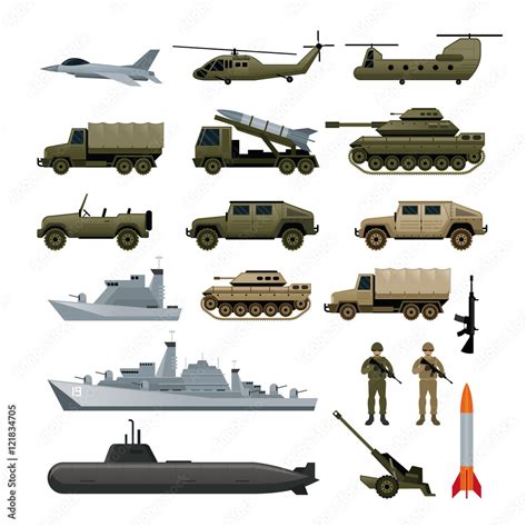 Military Vehicles Object Set, Side View, Army, Air Force, Navy, Marine ...