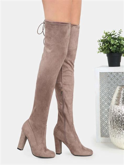 Tie Back Thigh High Suede Boots Taupe Shein Sheinside