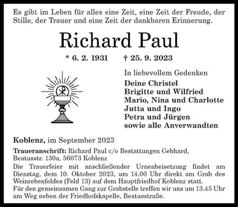 Traueranzeigen Von Richard Paul Rz Trauer De