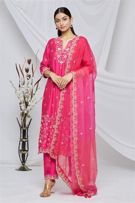 Buy Surbhi Shah Pink Pure Spun Silk Floral Embroidered Kurta Set Online