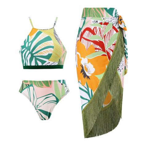 Tropical Print High Neck Bikini Set With Coverup Swimwear India