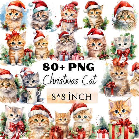 Christmas Cats PNG Christmas Clipart Watercolor Christmas Cat Png