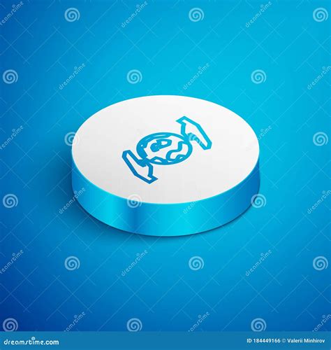 Isometric Line Human Hands Holding Earth Globe Icon Isolated On Blue