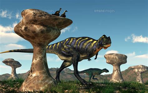 A Pair Of Aucasaurus Dinosaurs Walk Amongst A Forest Of Stone