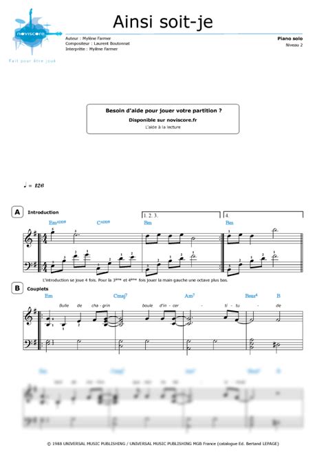 Piano sheet music Ainsi soit je Mylène Farmer Noviscore sheets