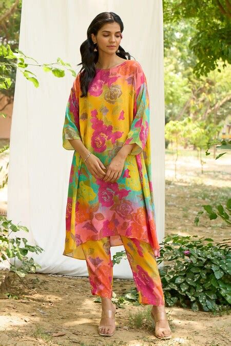 Buy Multi Color Crepe Printed Floral Round Oriole Kaftan And Pant Co