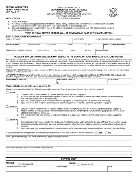 Ct Dmv Form Md 1 Special Operators Permit Application Forms Docs