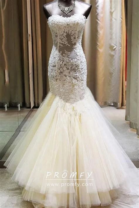 Cream Lace Strapless Sweetheart Trumpet Bridal Gown Promfy