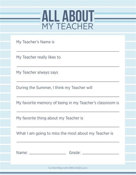 All About My Teacher Free Printable Customize A Worksheet And Have Your Class Fill Them Out