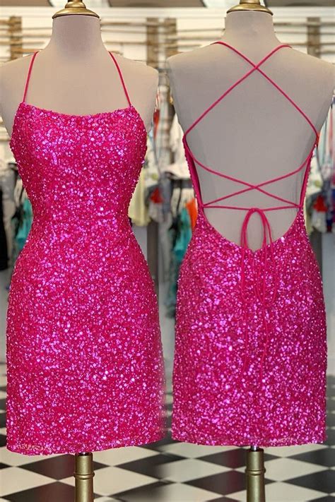 Stunning Neon Pink Sequins Mini Dress Features With Spaghetti Straps And Lace Up Back Neon Pink