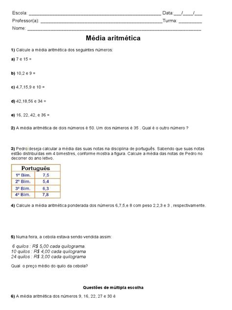 Exercícios 6 º ano-Matemática-Média Aritmética | PDF