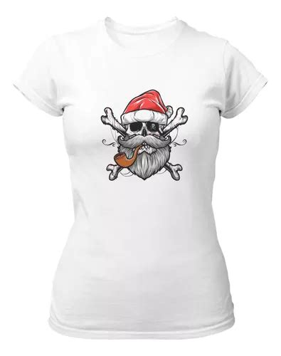 Camiseta Feminina Feliz Natal Papai Noel Caveira Pirata Parcelamento