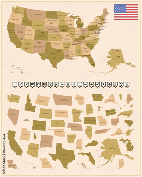 USA - detailed map of the country in brown colors, divided into regions ...