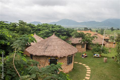 African lodge for tourists, with round shaped traditional houses called ...