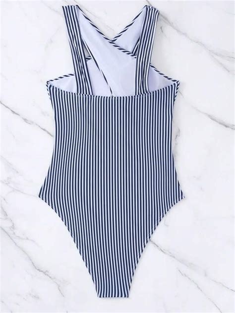 Striped Criss Cross Halter One Piece Swimsuit Shein Usa