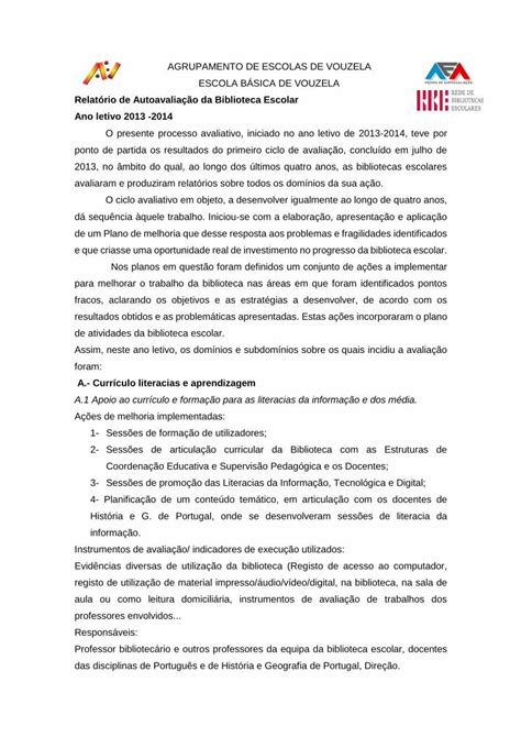 PDF Relatório de Autoavaliação da Biblioteca Escolar Ano PDF