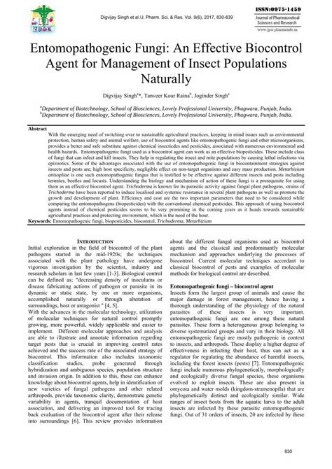 Pdf Entomopathogenic Fungi An Effective Biocontrol Agent For