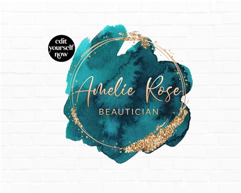 Teal Watercolor Logo Premade Beauty Logo Design Gold Glitter Etsy