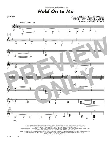 Hold On To Me Arr Audrey Snyder Synthesizer Sheet Music Lauren