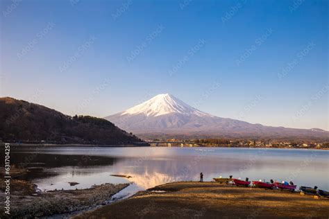 Fujisan Mountain Reflection On Water With Boat Morning Sunrise