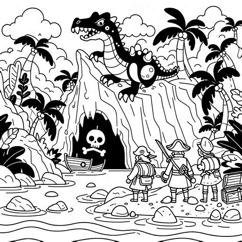 Pirates discover mysterious cave on island: Free coloring page