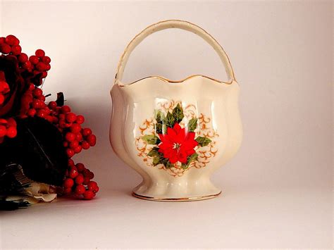 Handled Basket White Porcelain Candy Dish Elegant Gold Embellished Serving Bowl Red Poinsettia