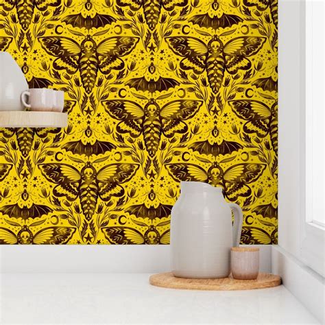 Skull Moth Damask Warm Yellow Half Scale Wallpaper Spoonflower