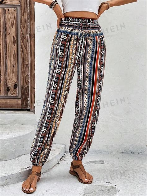 SHEIN LUNE Geo Print Tie Waist Pants SHEIN USA