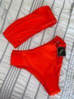 ZAFUL Textured High Waisted Bandeau Bikini Swimsuit In RED ZAFUL