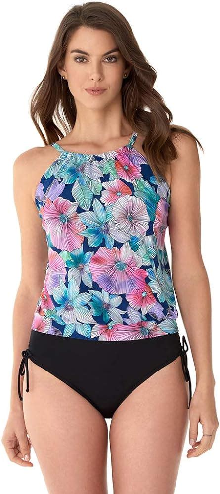 Caribbean Joe Womens Swimwear Love My Tribe Flower Power High Neck Blouson Tankini Bathing Suit