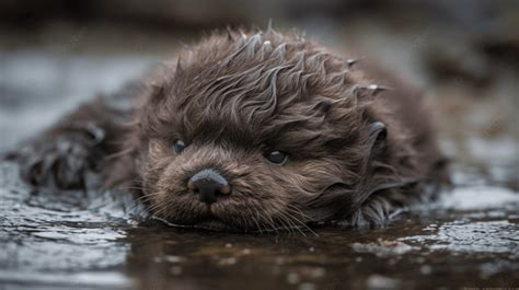 Brown Otter Pup Swimming With Yellow Eyes Background, Baby Sea Otter ...