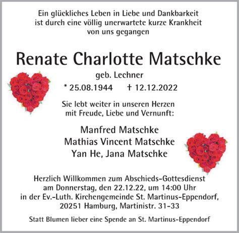 Traueranzeigen Von Renate Charlotte Matschke HamburgerTRAUER De