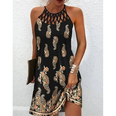 Robemini Robe De Plage Pour Femme Sexy Et Ajourée Sans Manches Élégante Style Boho Imprimée