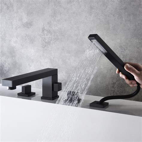 Bathroom Holes Hot Cold Handle Matt Black Finished Brass Bathtub Faucet Mixer With Hand