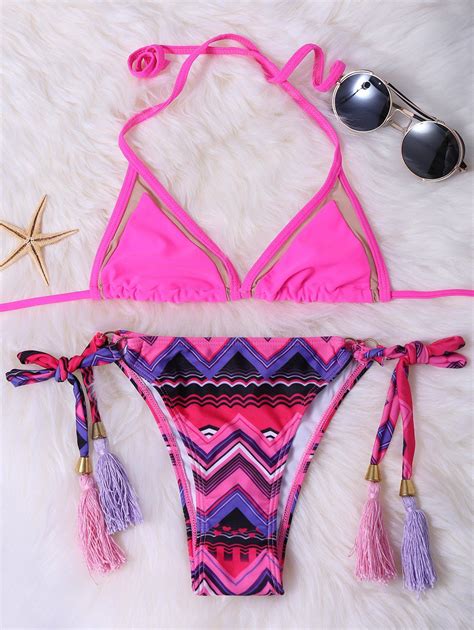 8 OFF Zigzag Tassel Halter String Bikini Rosegal